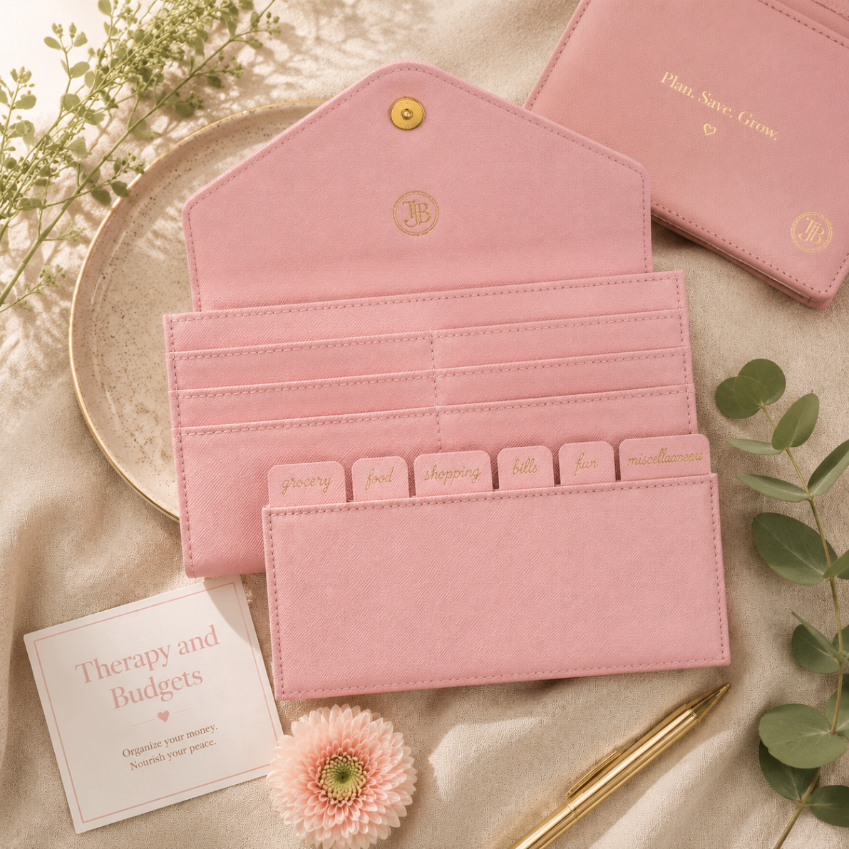 Open pink wallet organizer showing labeled cash budgeting categories