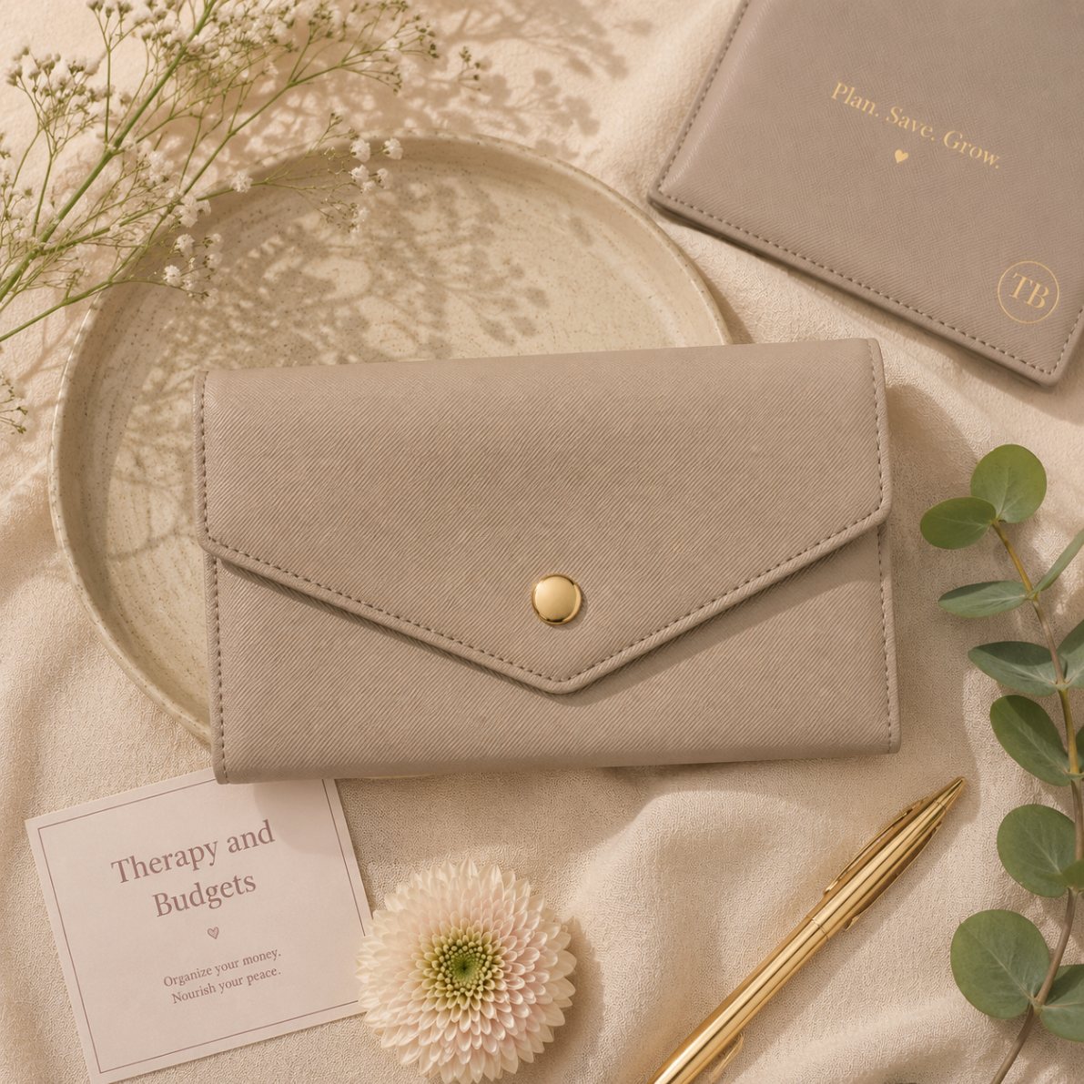 Closed beige Therapy and Budgets wallet organizer