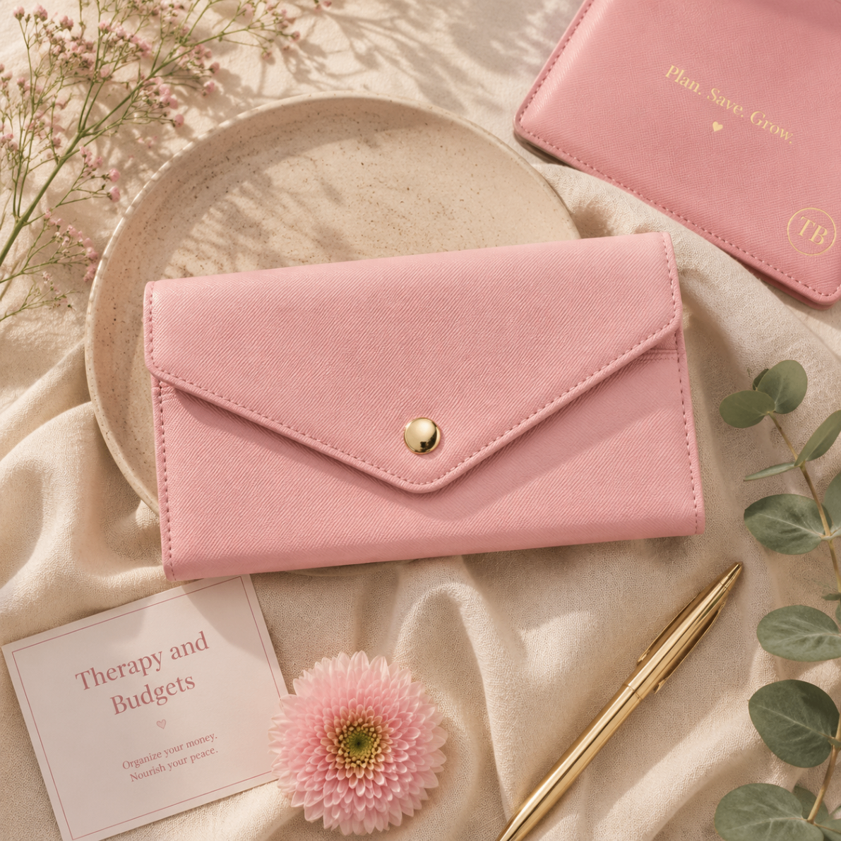 Closed pink Therapy and Budgets wallet organizer